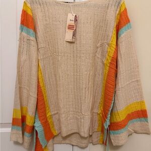 Neutral Knit Sweater with Yellow, Orange & Aqua Stripes